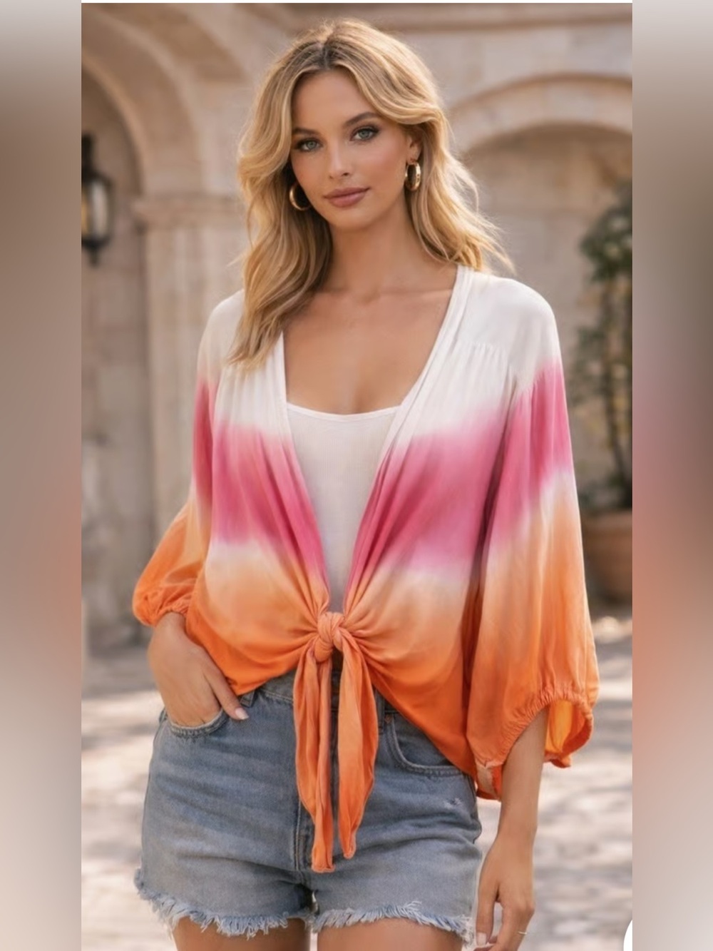 young famous &broke ombré pink orange 3/4sleeve tie cover-up tunic top